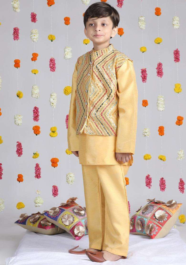 Mustard Embroidered Georgette Kurta Set For Boys - Indya