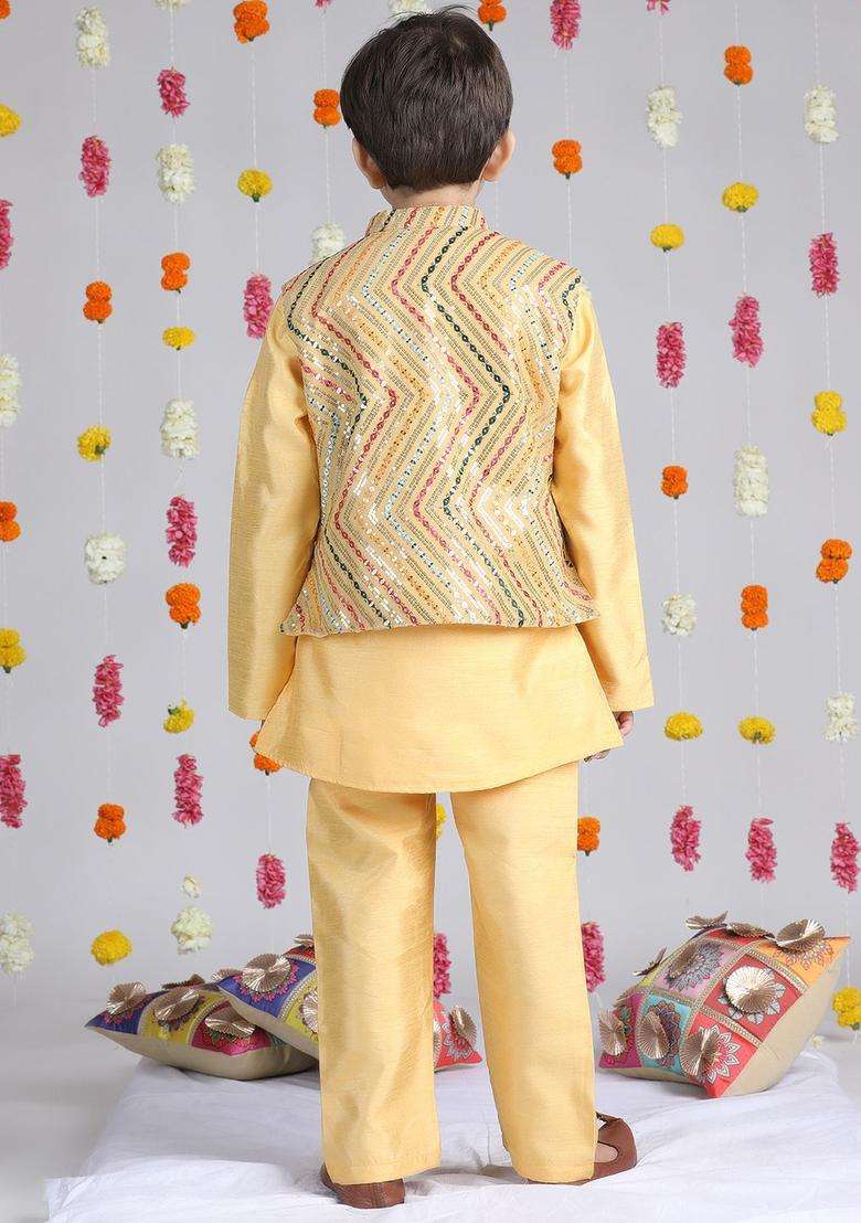 Mustard Embroidered Georgette Kurta Set For Boys - Indya
