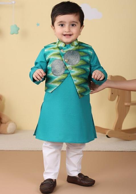 Green Printed Cotton Kurta Set For Boys — view on Indya