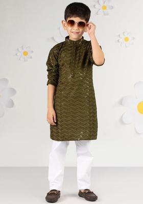 Green Embroidered Viscose Kurta Set For Boys