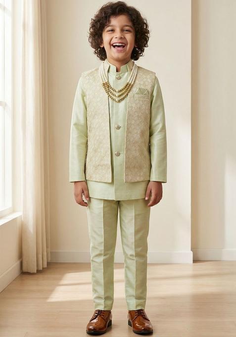 Lime Green Solid Viscose Kurta Set For Boys — view on Indya
