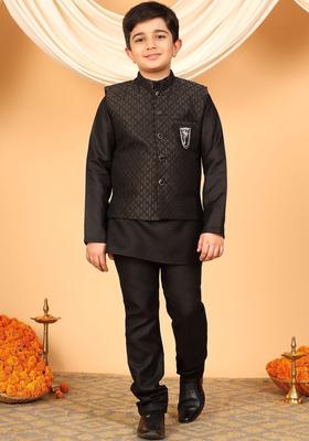 Black Woven Design Silk Kurta Set For Boys