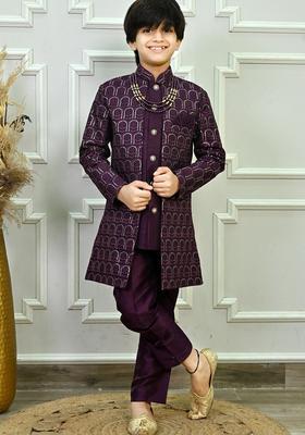 Purple Self Design Viscose Kurta Set For Boys