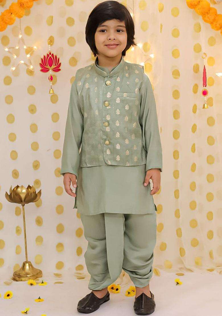 Sea Green Solid Silk Kurta Set For Boys - Indya