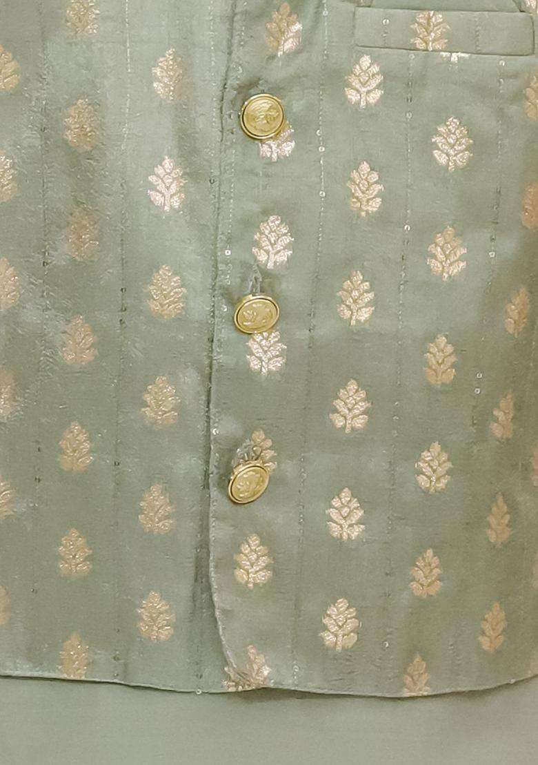 Sea Green Solid Silk Kurta Set For Boys - Indya