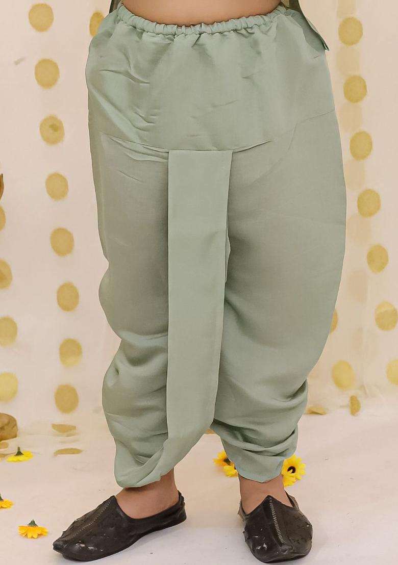 Sea Green Solid Silk Kurta Set For Boys - Indya