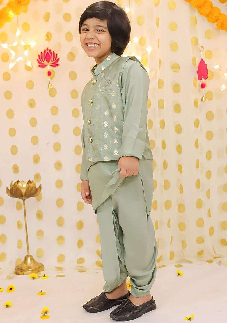 Sea Green Solid Silk Kurta Set For Boys - Indya