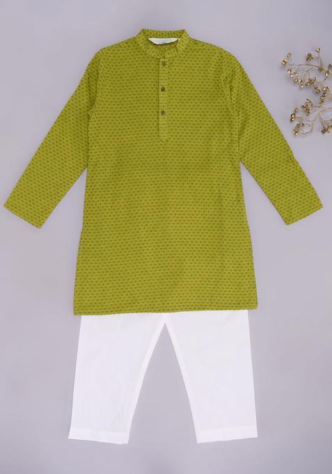 Green Self Design Cotton Kurta Set For Boys — view on Indya