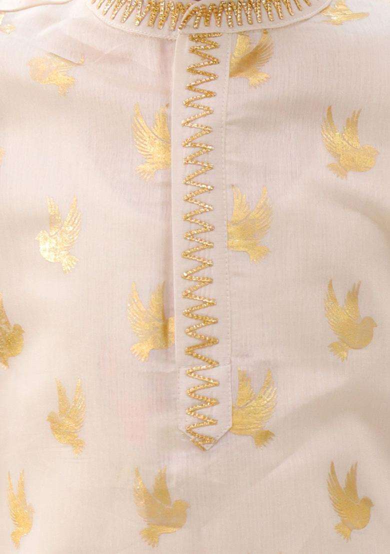 White Woven Design Chanderi Kurta Set For Boys - Indya