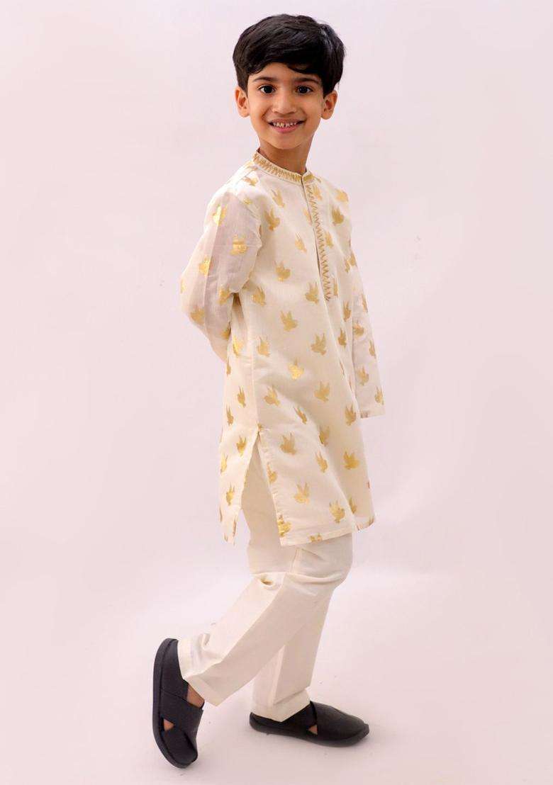 White Woven Design Chanderi Kurta Set For Boys - Indya