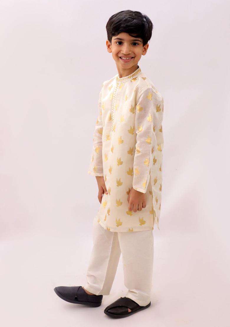 White Woven Design Chanderi Kurta Set For Boys - Indya