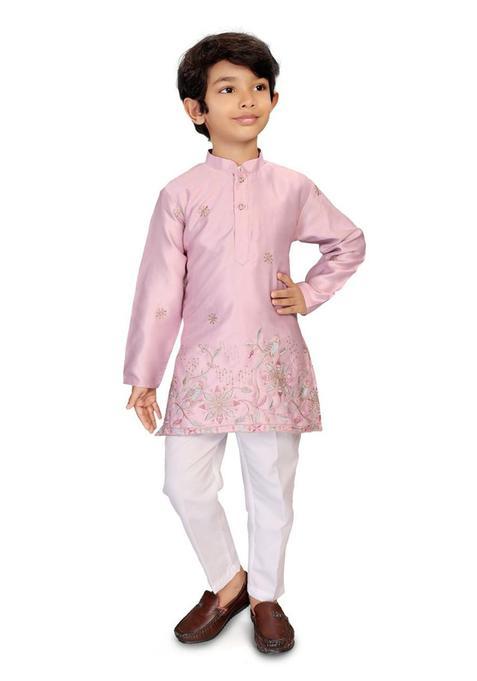 Pink Embroidered Silk Kurta Set For Boys — view on Indya