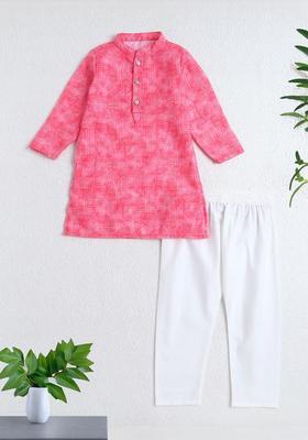 Pink Printed Polyester Kurta Set For Boys