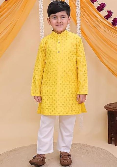 Yellow Printed Cotton Kurta Set For Boys — view on Indya