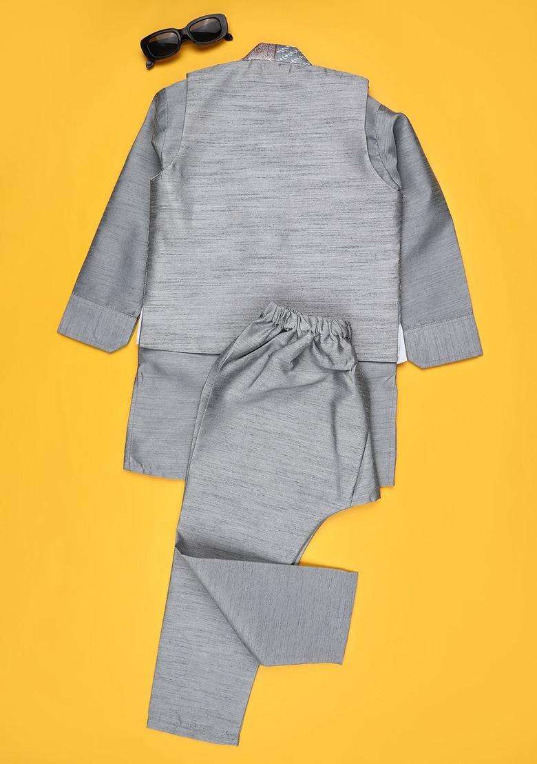 Grey Solid Cotton Kurta Set For Boys - Indya
