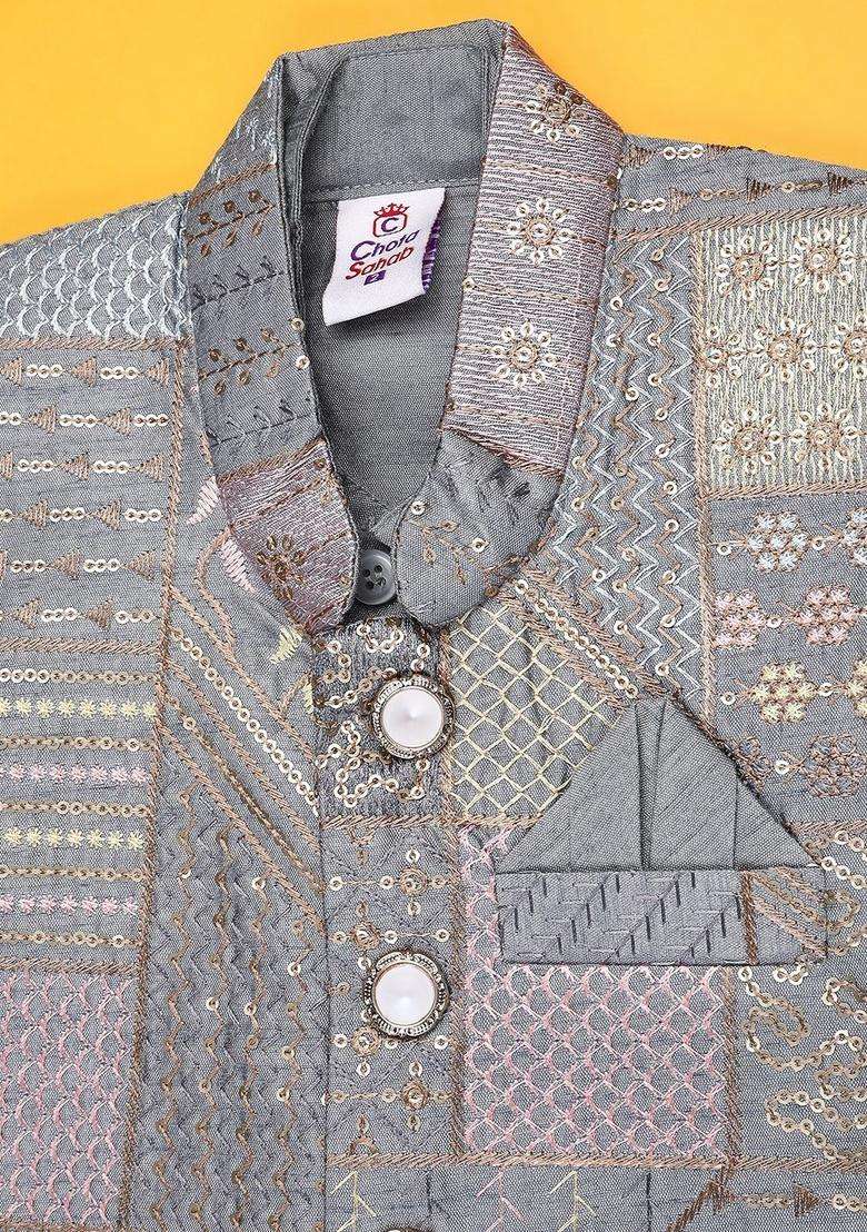 Grey Solid Cotton Kurta Set For Boys - Indya