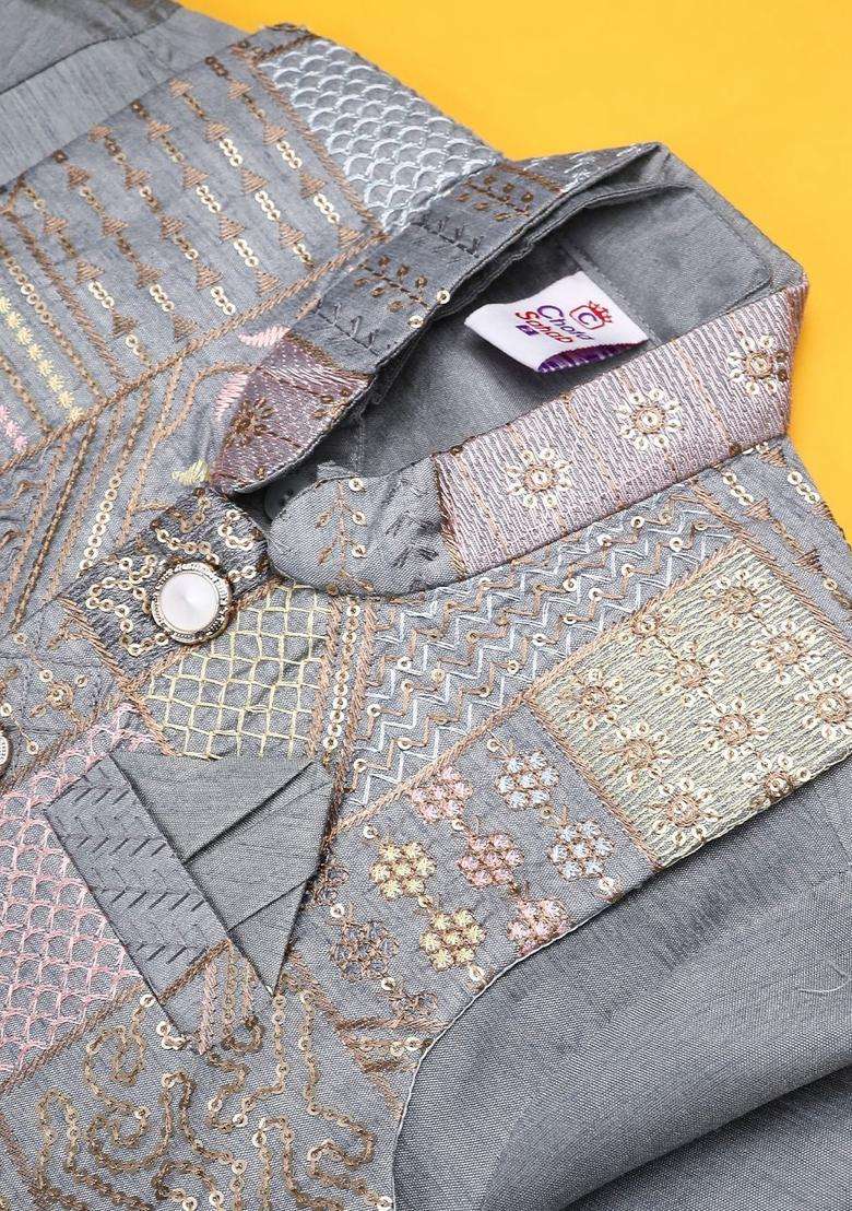 Grey Solid Cotton Kurta Set For Boys - Indya