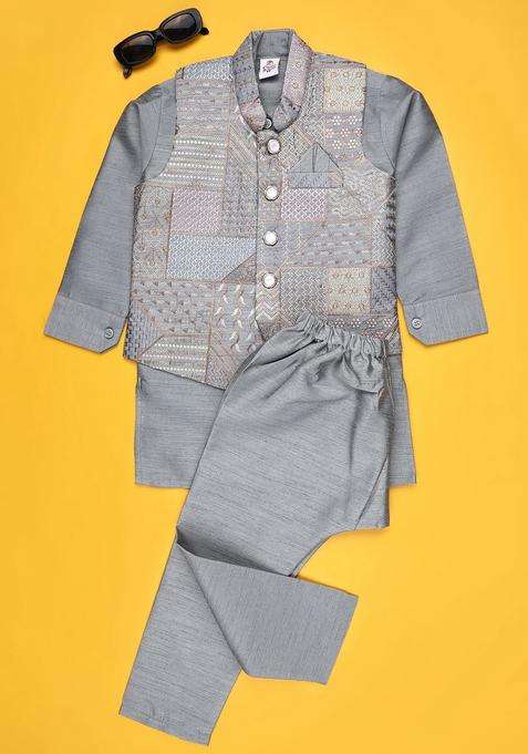 Grey Solid Cotton Kurta Set For Boys