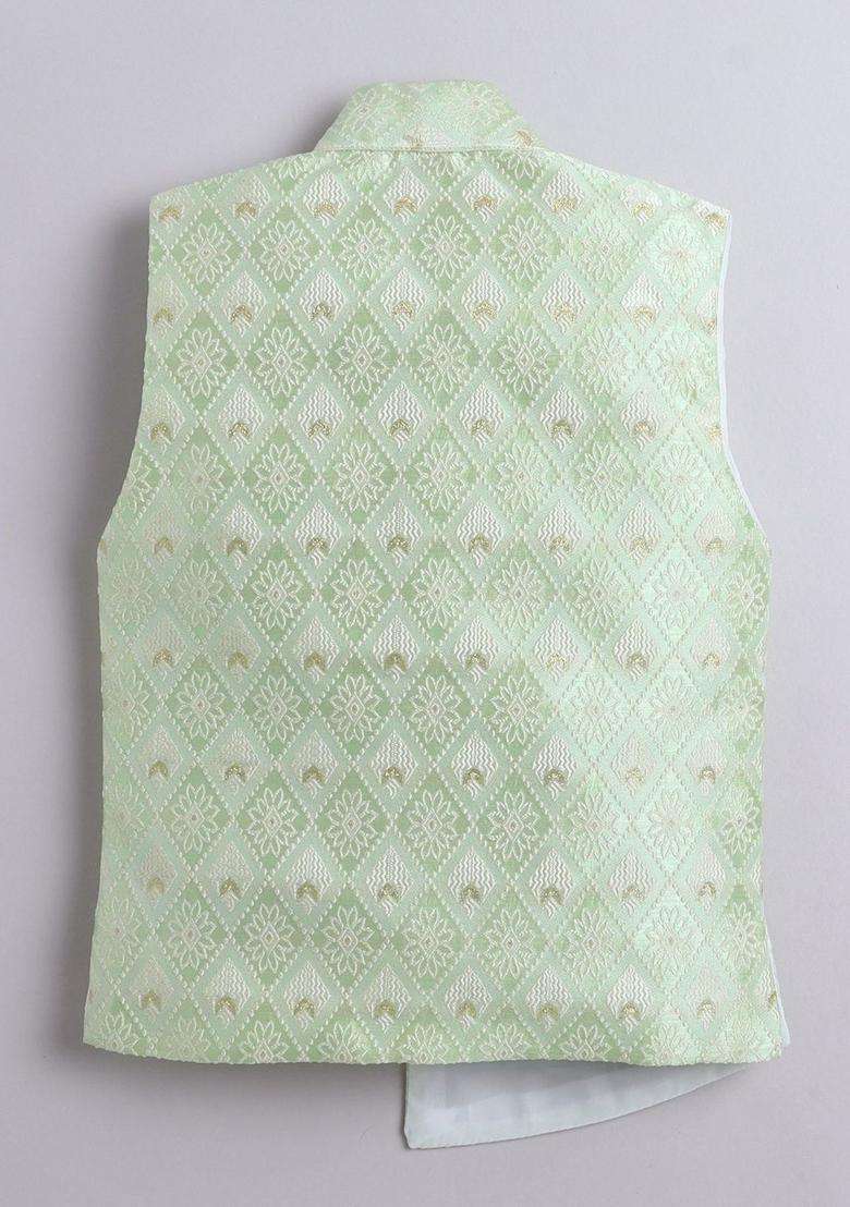 Lime Green Woven Design Silk Kurta Set For Boys - Indya