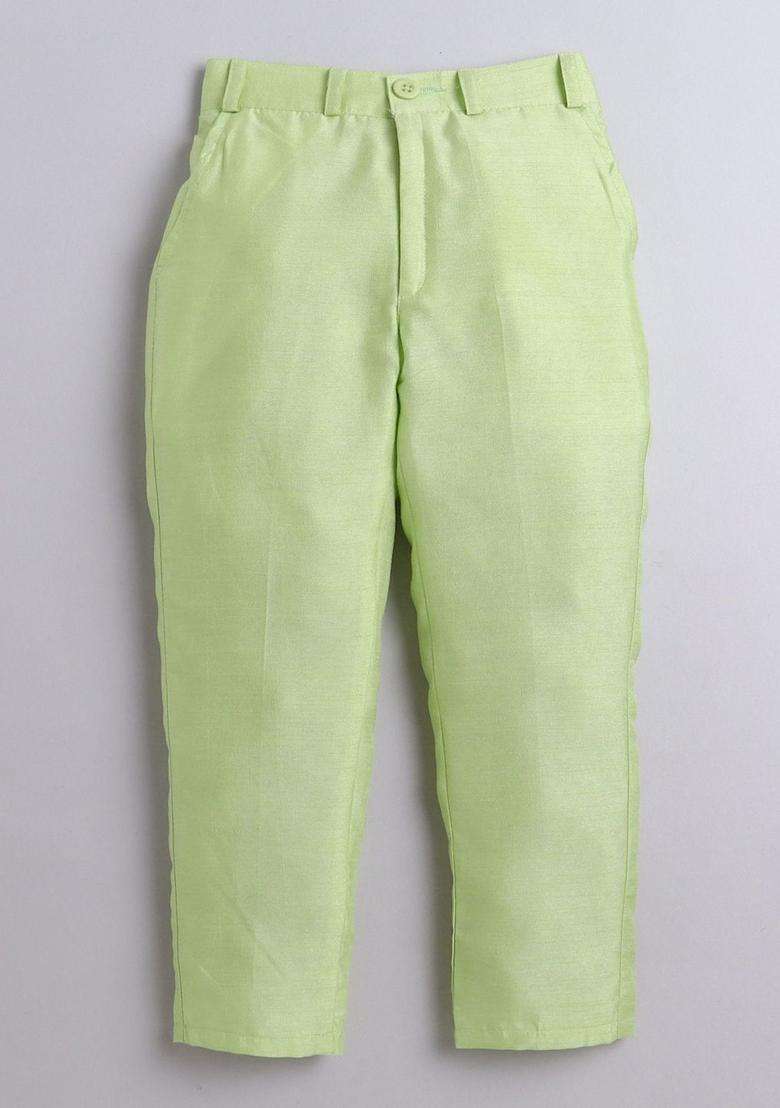 Lime Green Woven Design Silk Kurta Set For Boys - Indya