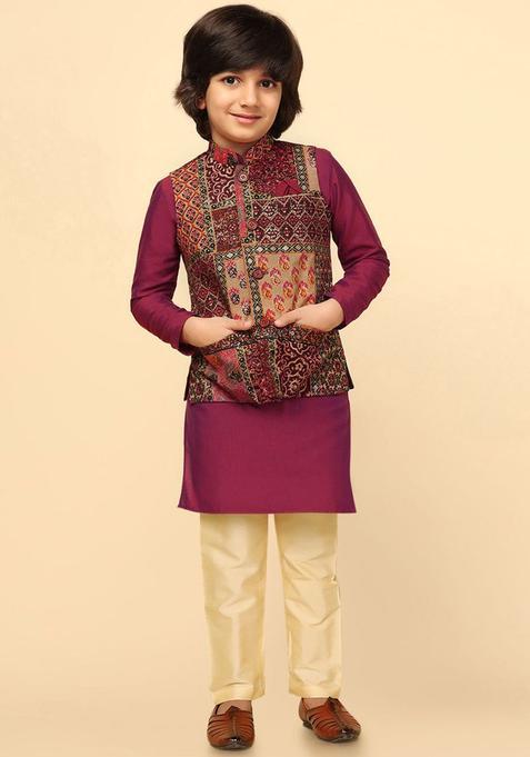 Maroon Solid Silk Kurta Set For Boys — view on Indya