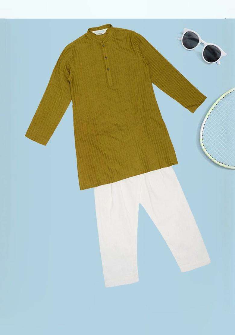 Olive Self Design Viscose Kurta Set For Boys - Indya