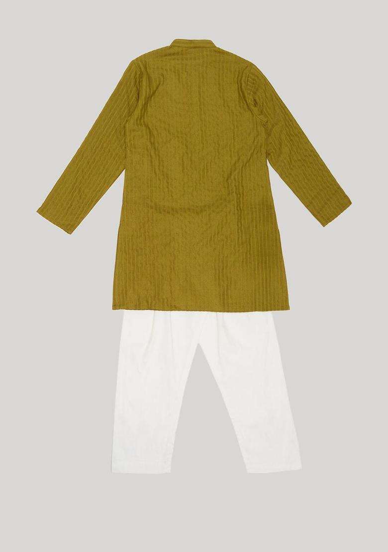 Olive Self Design Viscose Kurta Set For Boys - Indya
