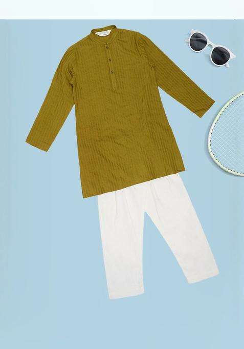 Olive Self Design Viscose Kurta Set For Boys