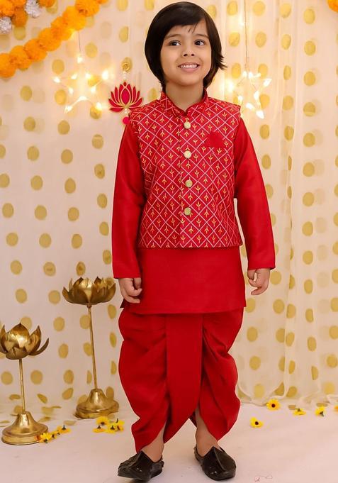 Red Solid Linen Kurta Set For Boys — view on Indya