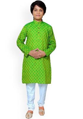 Green Woven Design Cotton Kurta Set For Boys
