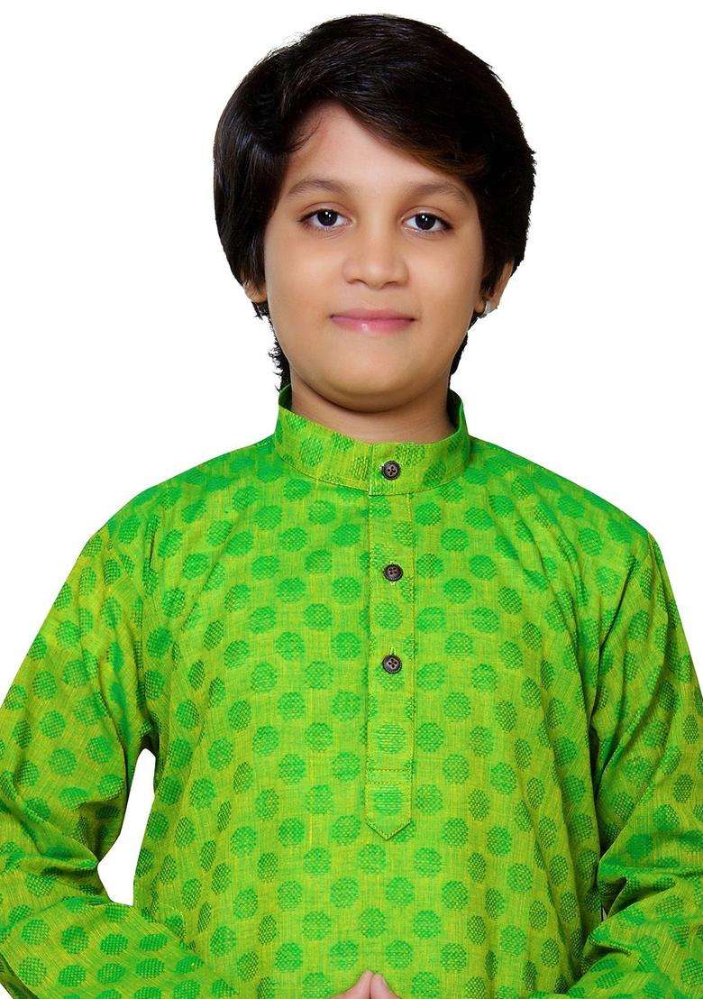 Green Woven Design Cotton Kurta Set For Boys - Indya