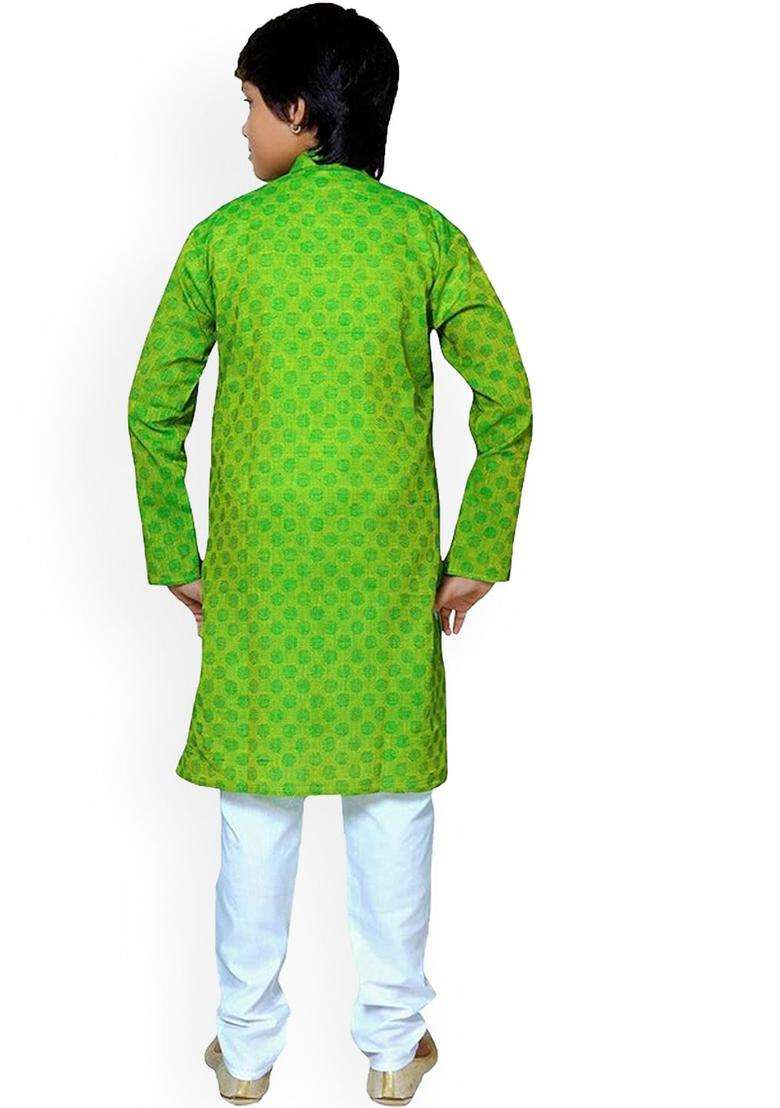 Green Woven Design Cotton Kurta Set For Boys - Indya