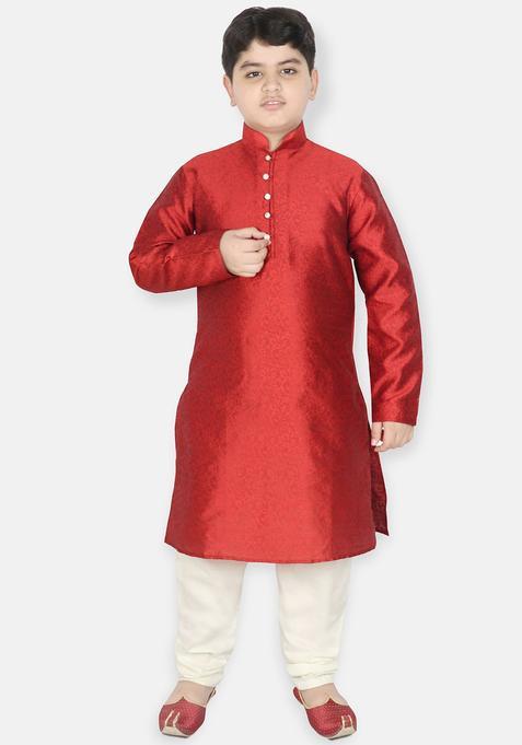 Maroon Woven Design Silk Kurta Set For Boys — view on Indya