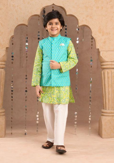 Green Printed Cotton Kurta Set For Boys — view on Indya
