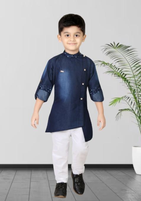 Blue Self Design Cotton Kurta Set For Boys — view on Indya