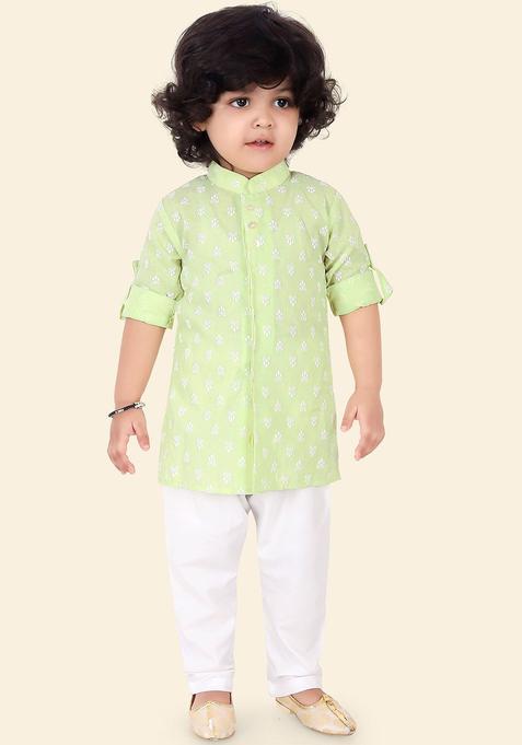 Green Printed Cotton Kurta Set For Boys — view on Indya