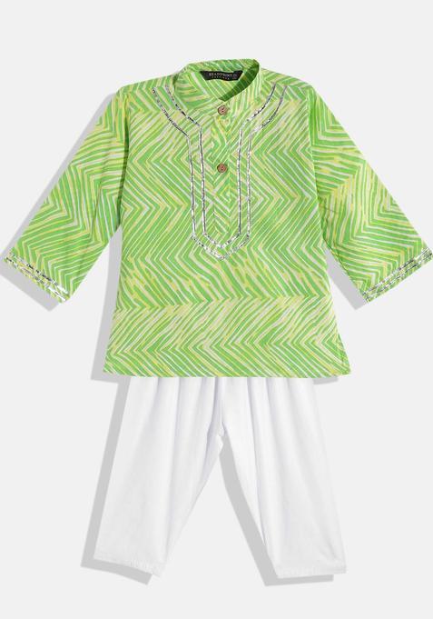 Green Printed Cotton Kurta Set For Boys — view on Indya