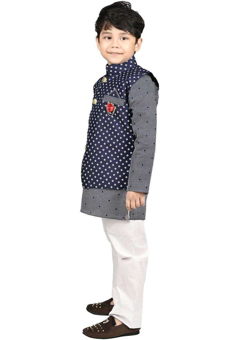 Navy Blue Printed Silk Kurta Set For Boys - Indya