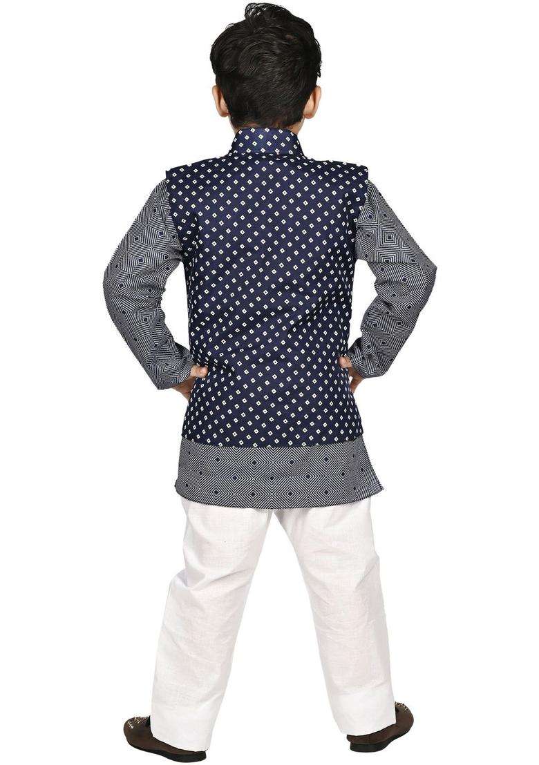 Navy Blue Printed Silk Kurta Set For Boys - Indya