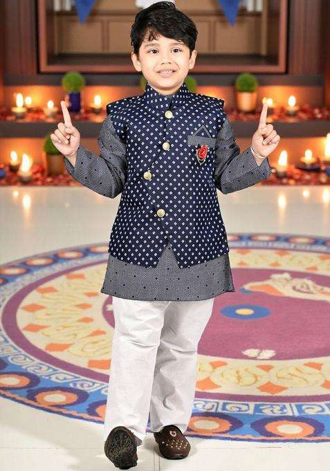 Navy Blue Printed Silk Kurta Set For Boys
