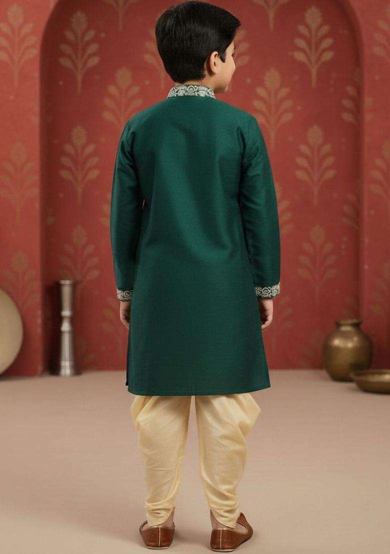 Green Embroidered Silk Kurta Set For Boys - Indya