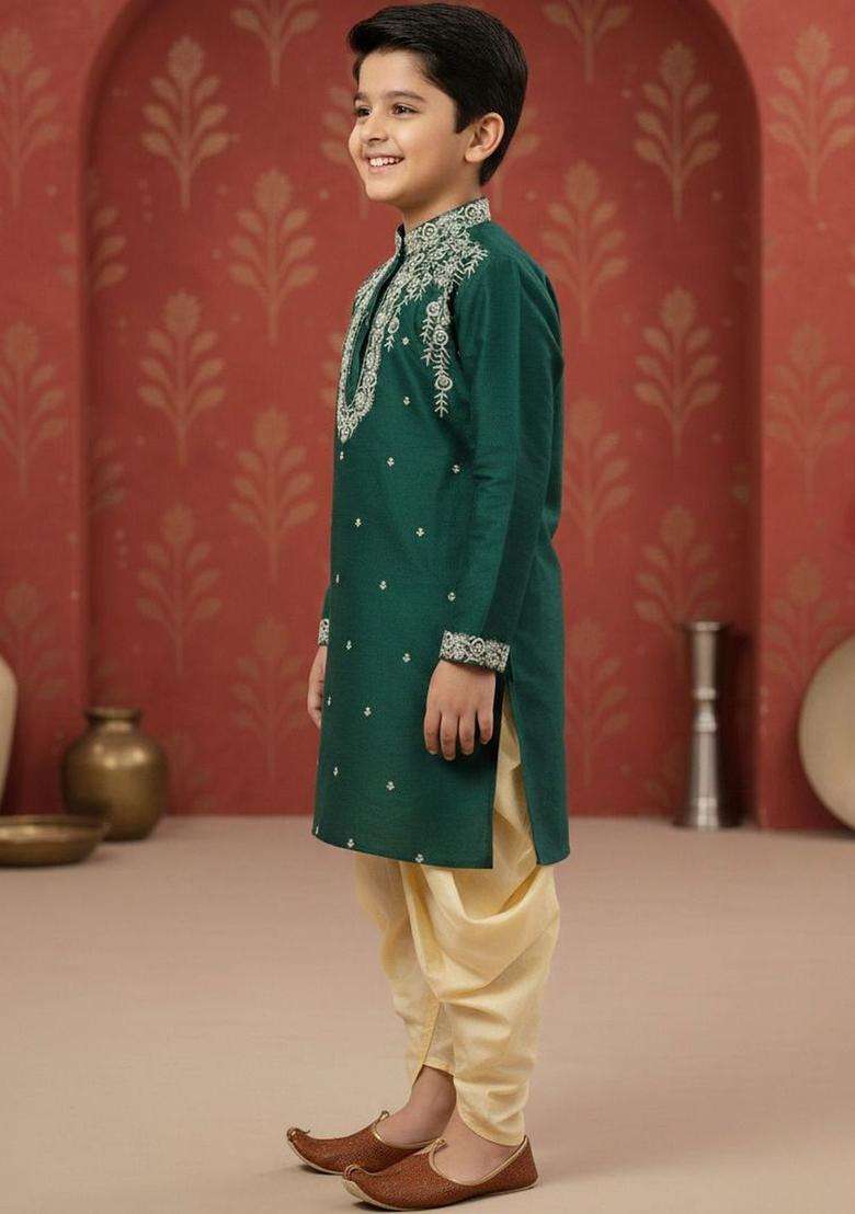 Green Embroidered Silk Kurta Set For Boys - Indya