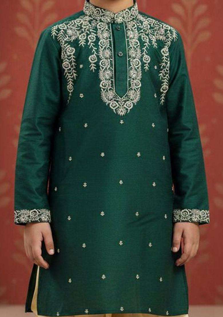 Green Embroidered Silk Kurta Set For Boys - Indya