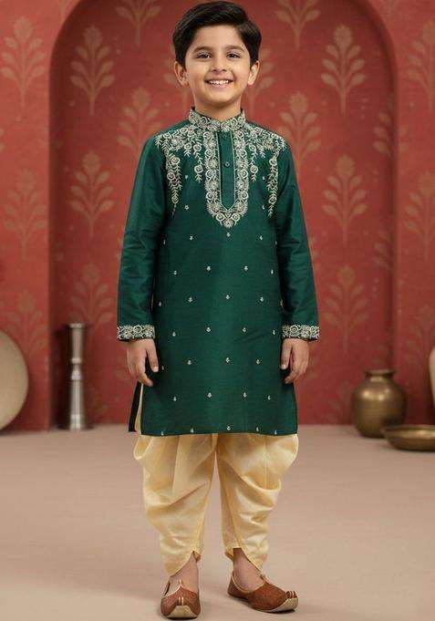 Green Embroidered Silk Kurta Set For Boys
