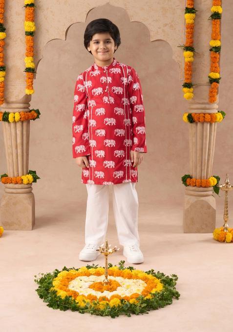 Red Printed Viscose Kurta Set For Boys — view on Indya