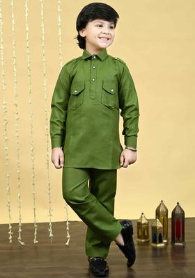 Olive Solid Cotton Kurta Set For Boys