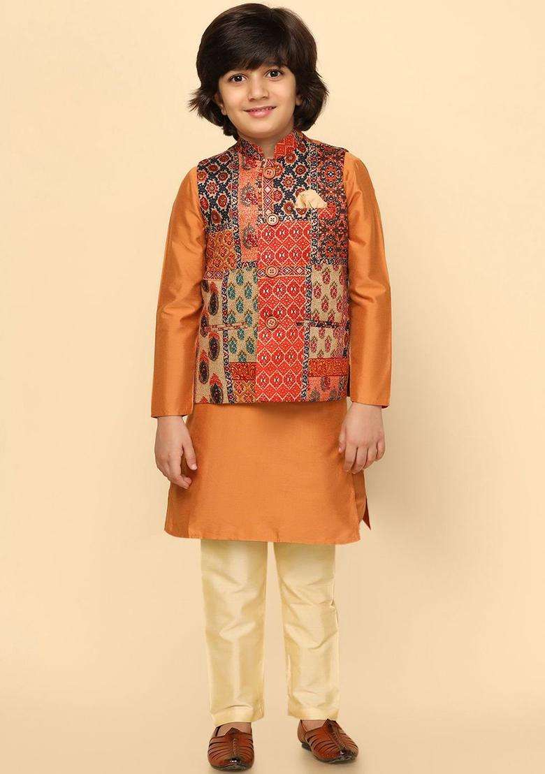 Orange Solid Silk Kurta Set For Boys - Indya
