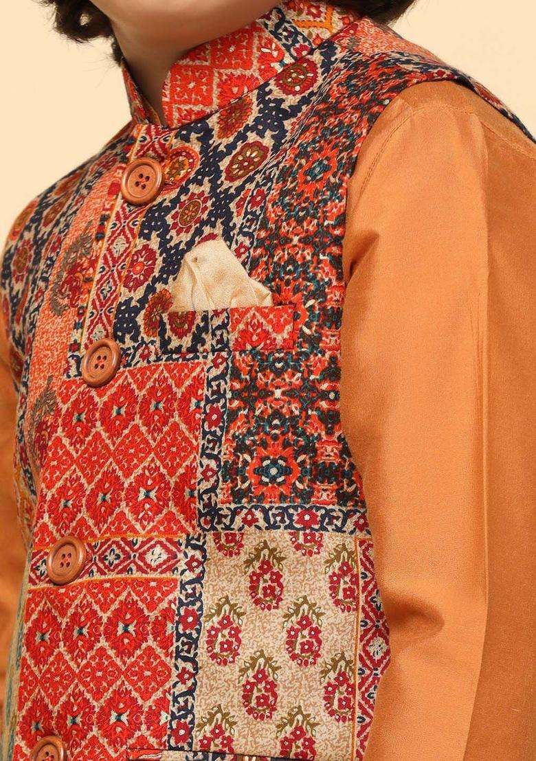 Orange Solid Silk Kurta Set For Boys - Indya
