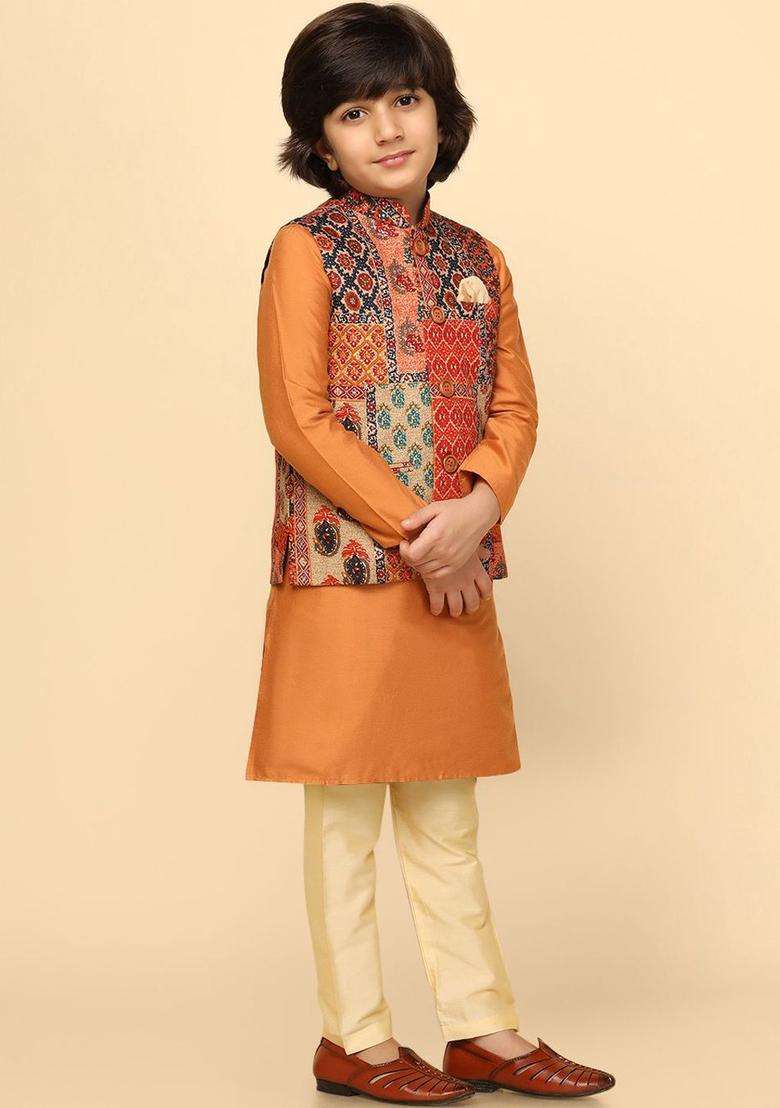 Orange Solid Silk Kurta Set For Boys - Indya