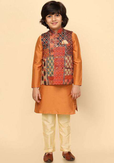 Orange Solid Silk Kurta Set For Boys